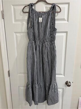 J. Crew Factory Navy White Gingham Tie-Shoulder Midi Dress Size 14